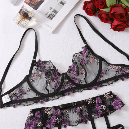Elegant Floral Lace Embroidered Lingerie Set with Cutout Design - TayDiane