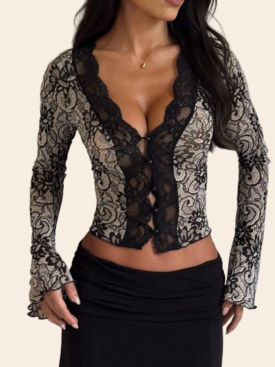 Elegant Lace Long - Sleeve Blouse - TayDiane