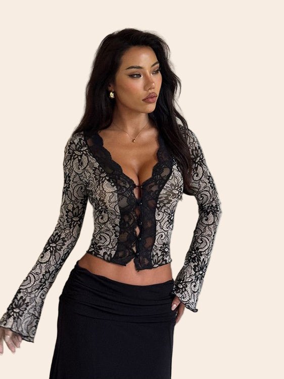 Elegant Lace Long - Sleeve Blouse - TayDiane