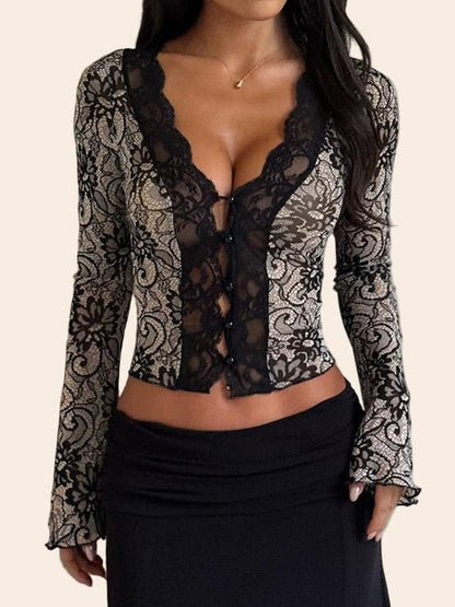 Elegant Lace Long - Sleeve Blouse - TayDiane