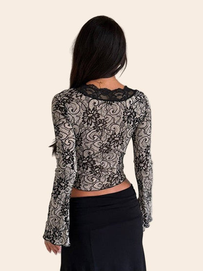 Elegant Lace Long - Sleeve Blouse - TayDiane