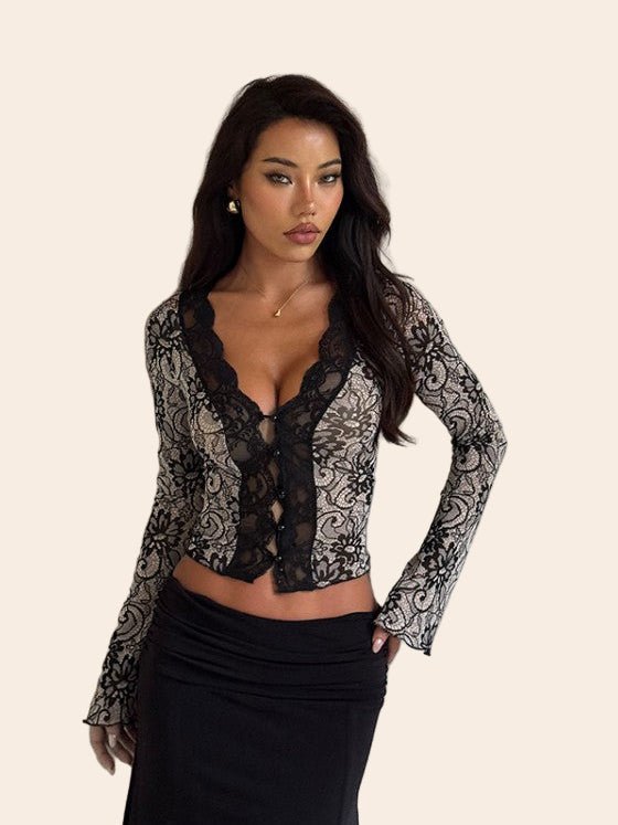 Elegant Lace Long - Sleeve Blouse - TayDiane