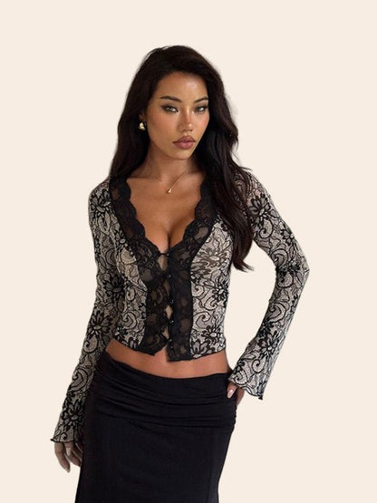 Elegant Lace Long - Sleeve Blouse - TayDiane