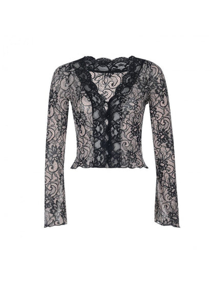 Elegant Lace Long - Sleeve Blouse - TayDiane