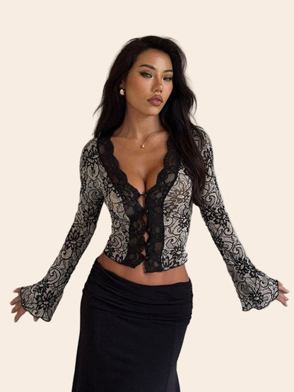 Elegant Lace Long - Sleeve Blouse - TayDiane