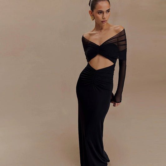 Elegant Long Sleeve Mesh Off Shoulder Maxi Dress - TayDiane