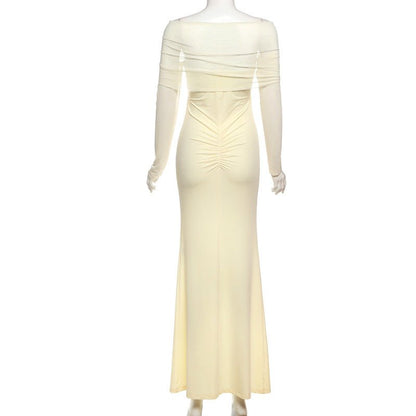 Elegant Long Sleeve Mesh Off Shoulder Maxi Dress - TayDiane