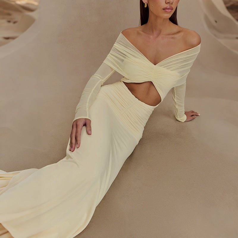 Elegant Long Sleeve Mesh Off Shoulder Maxi Dress - TayDiane