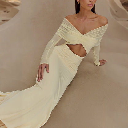 Elegant Long Sleeve Mesh Off Shoulder Maxi Dress - TayDiane