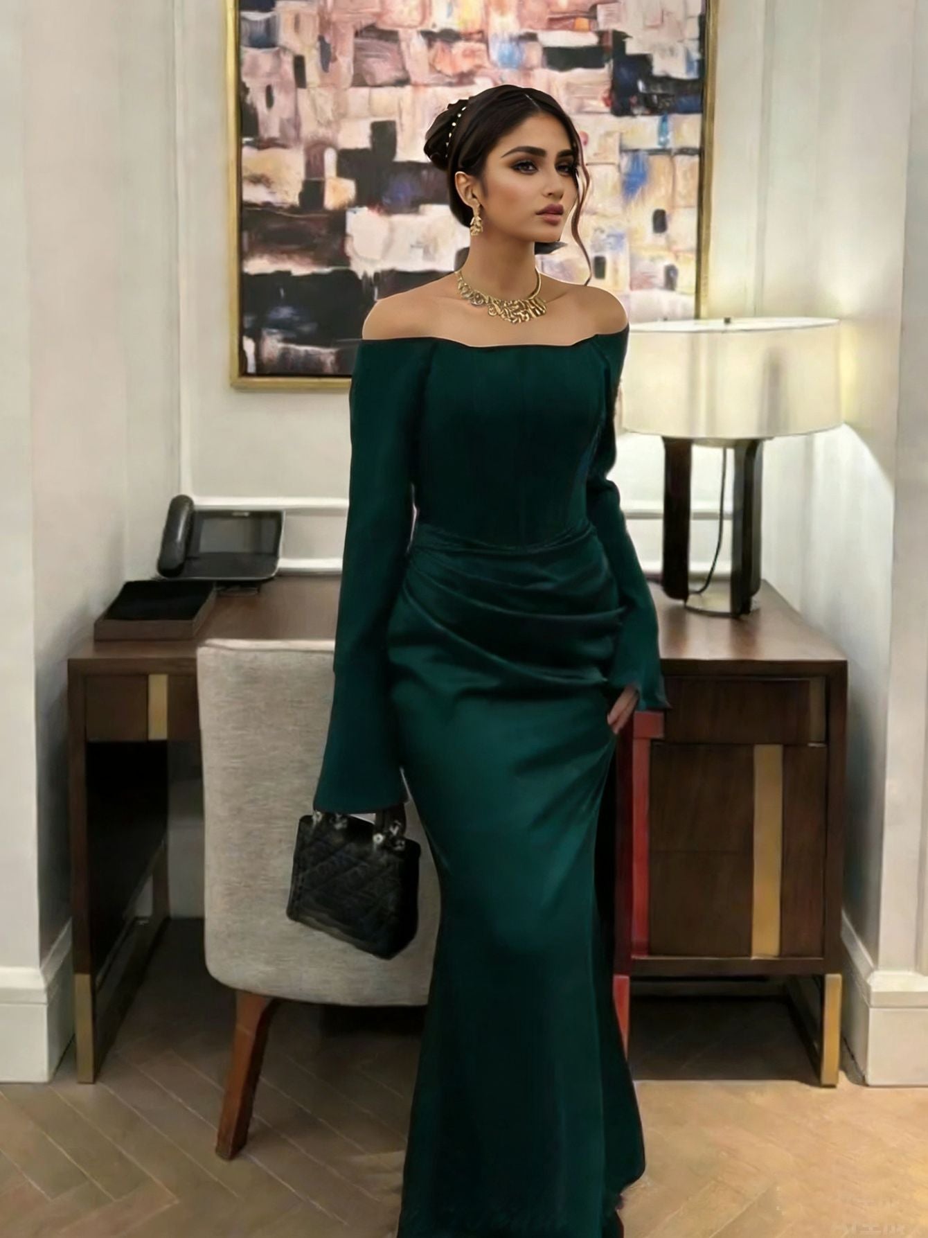 Elegant Off - Shoulder Satin Maxi Dress - Taydiane