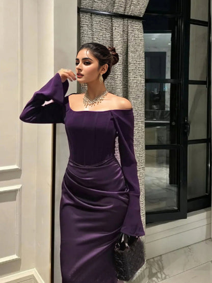 Elegant Off - Shoulder Satin Maxi Dress - Taydiane