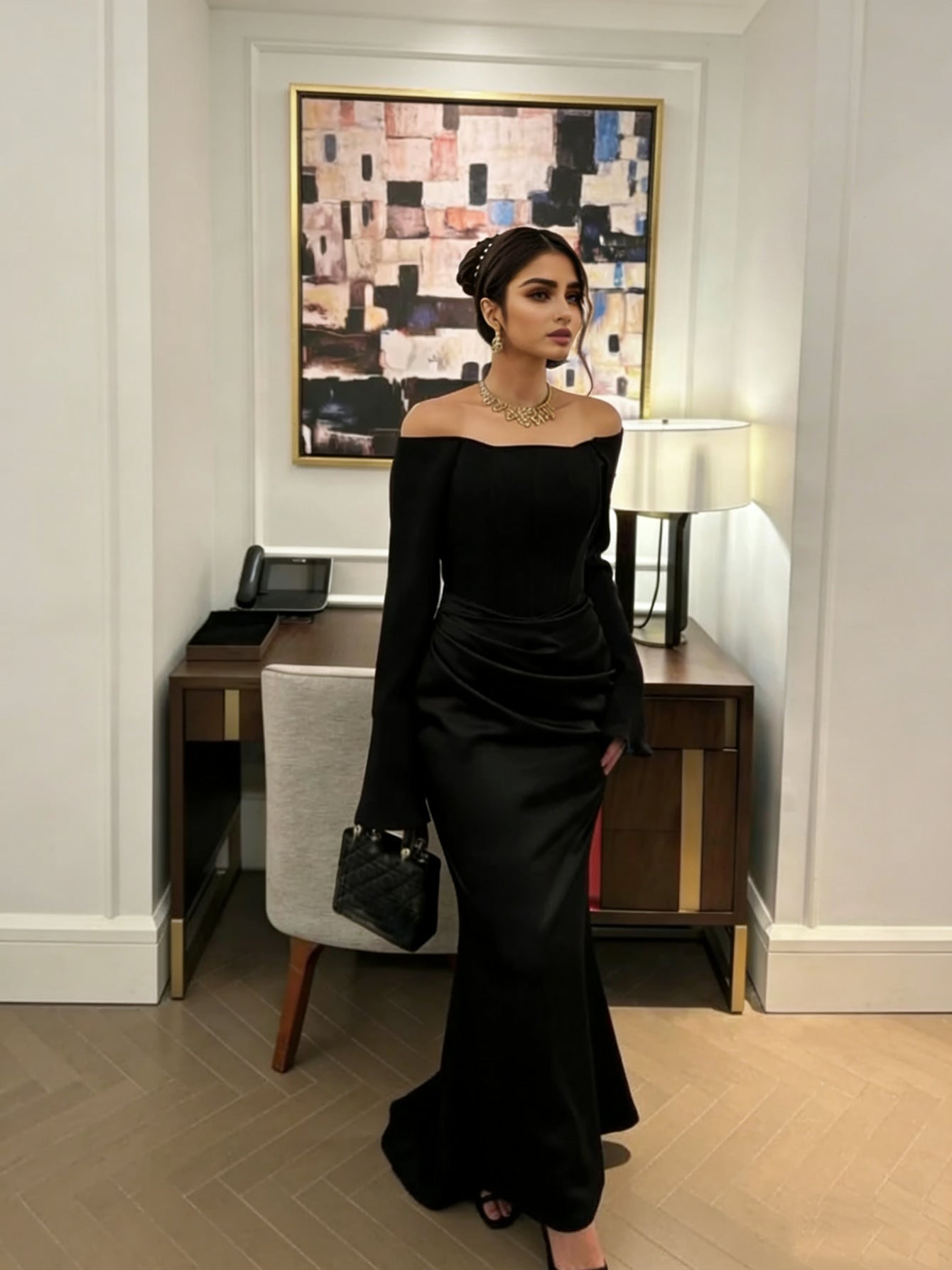 Elegant Off - Shoulder Satin Maxi Dress - Taydiane