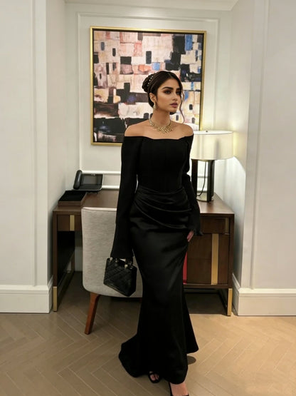 Elegant Off - Shoulder Satin Maxi Dress - Taydiane