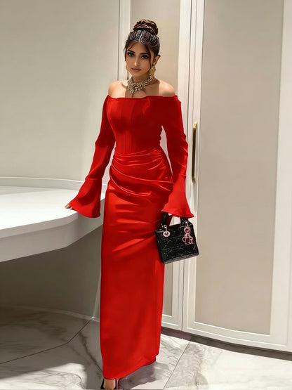 Elegant Off - Shoulder Satin Maxi Dress - Taydiane