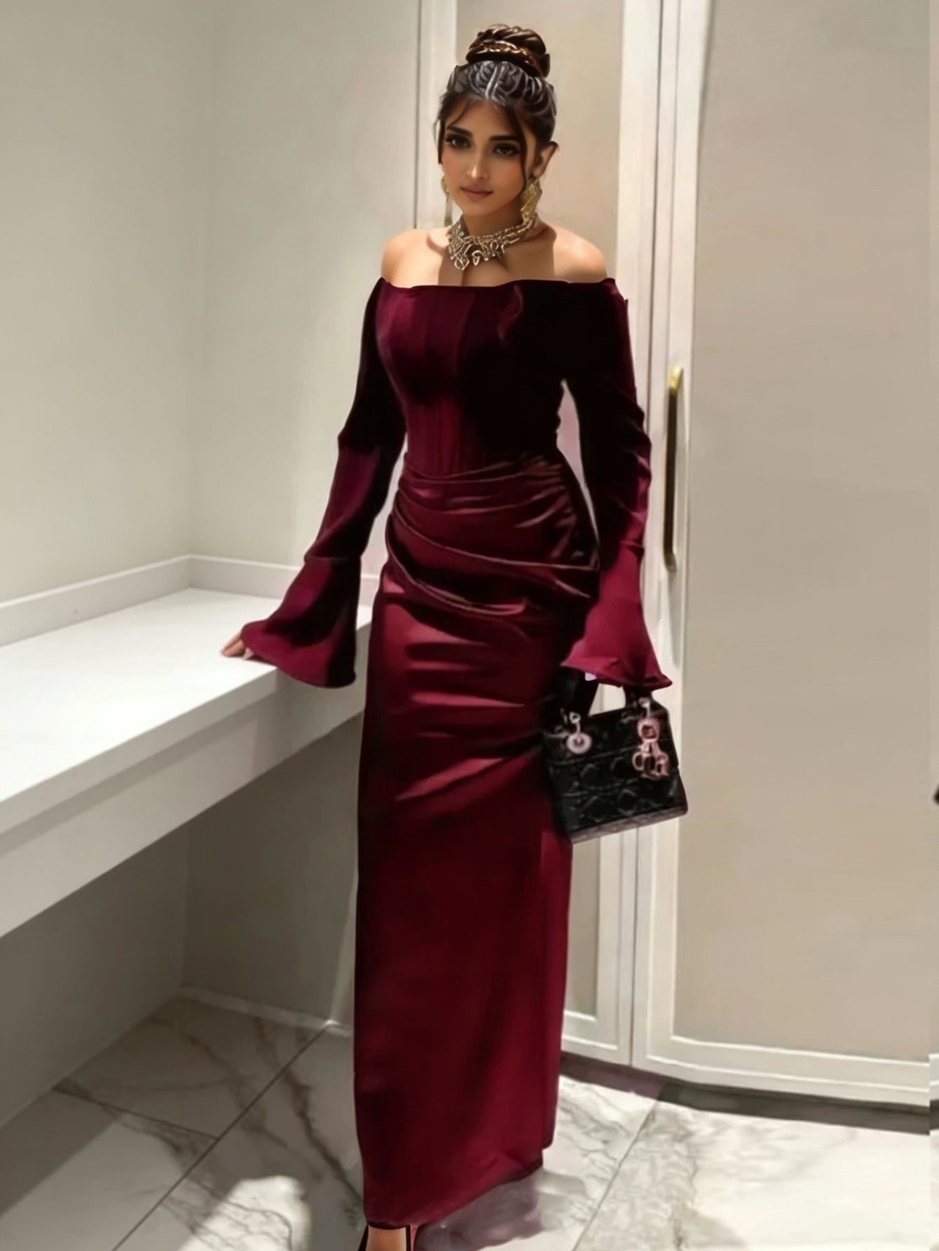 Elegant Off - Shoulder Satin Maxi Dress - Taydiane