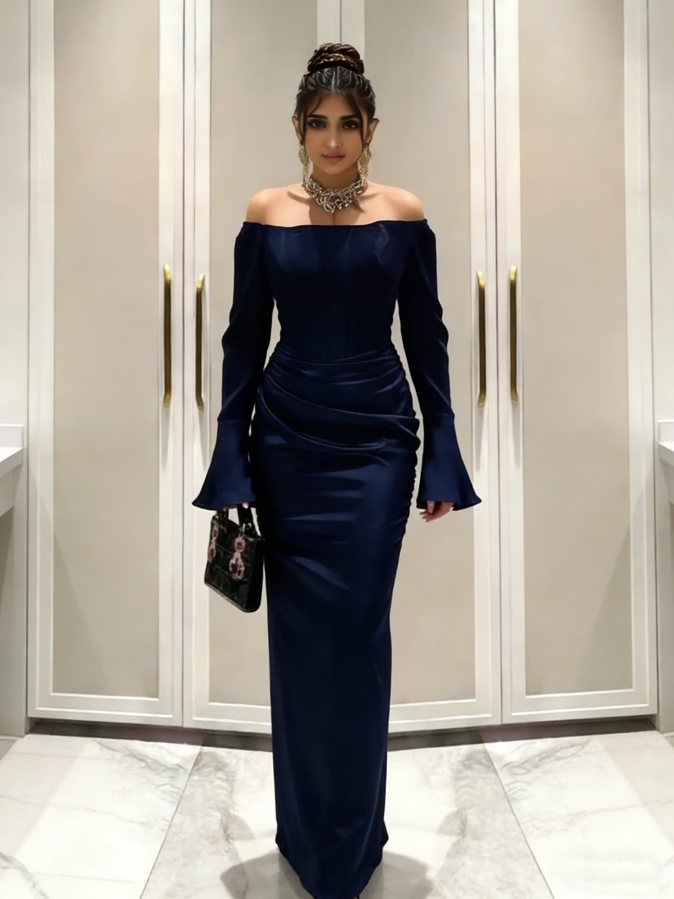 Elegant Off - Shoulder Satin Maxi Dress - Taydiane
