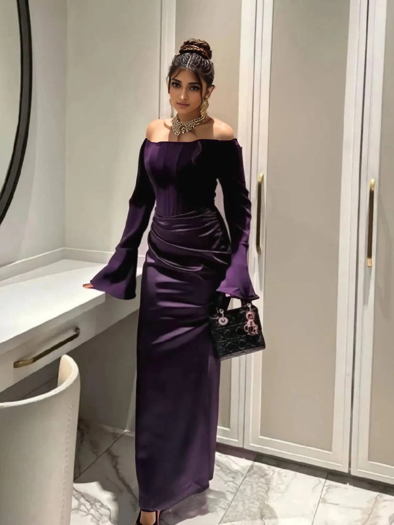Elegant Off - Shoulder Satin Maxi Dress - Taydiane