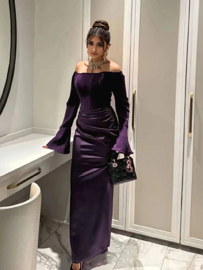 Elegant Off - Shoulder Satin Maxi Dress - Taydiane