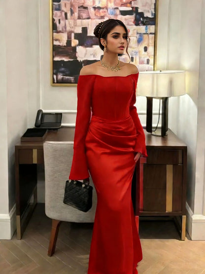 Elegant Off - Shoulder Satin Maxi Dress - Taydiane