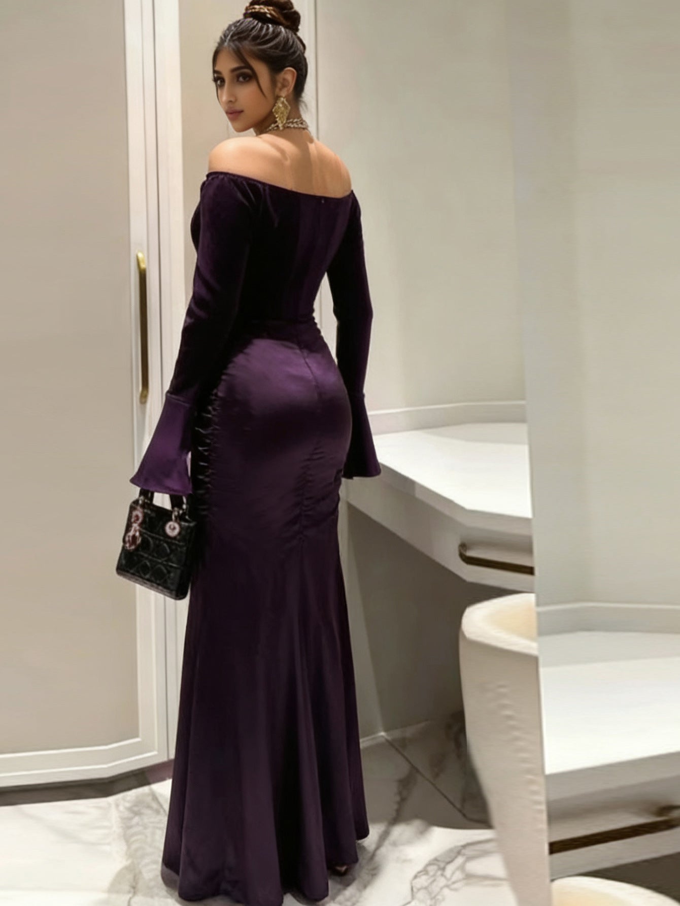 Elegant Off - Shoulder Satin Maxi Dress - Taydiane
