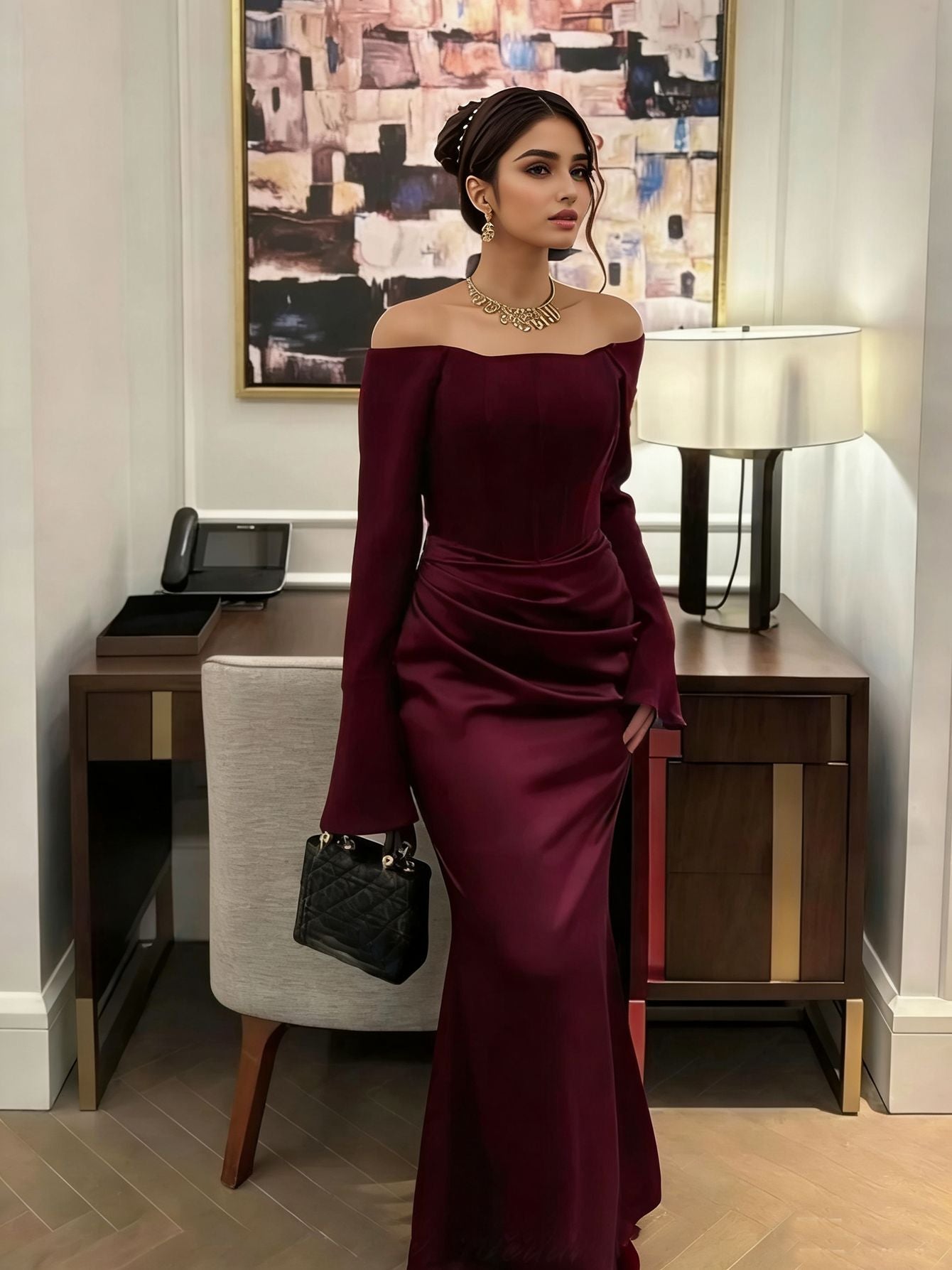 Elegant Off - Shoulder Satin Maxi Dress - Taydiane