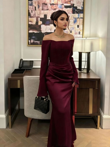Elegant Off - Shoulder Satin Maxi Dress - Taydiane