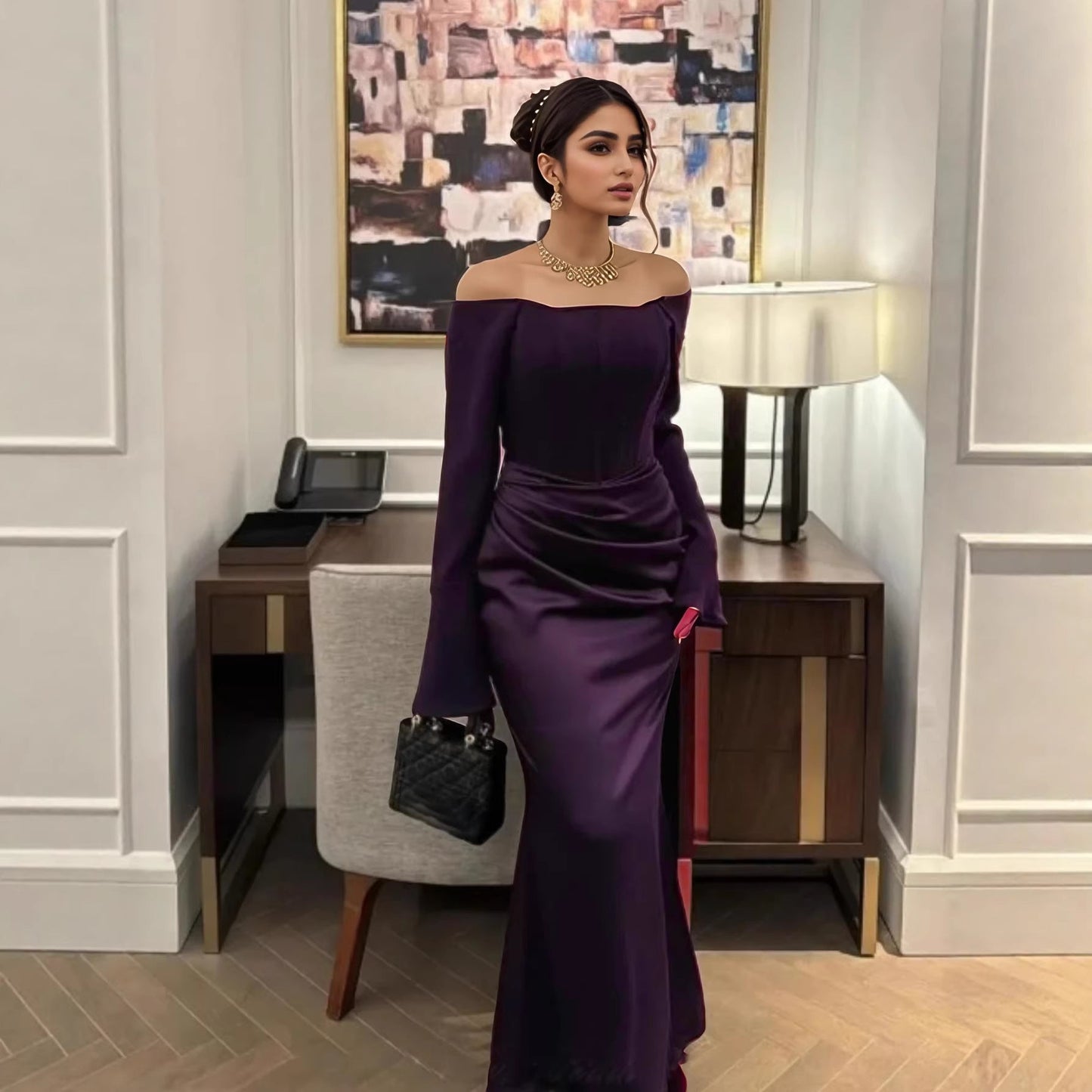 Elegant Off - Shoulder Satin Maxi Dress - Taydiane
