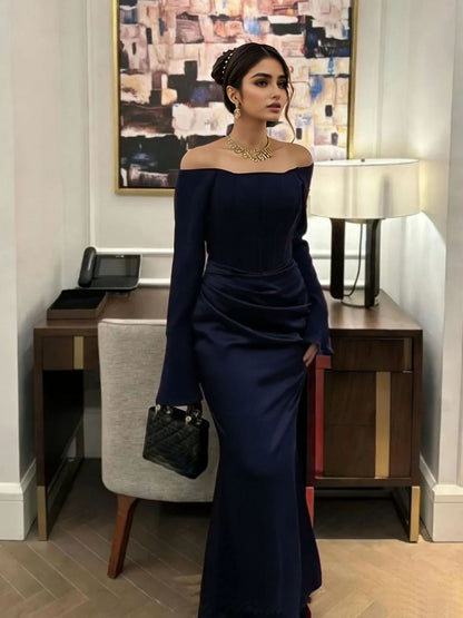 Elegant Off - Shoulder Satin Maxi Dress - Taydiane
