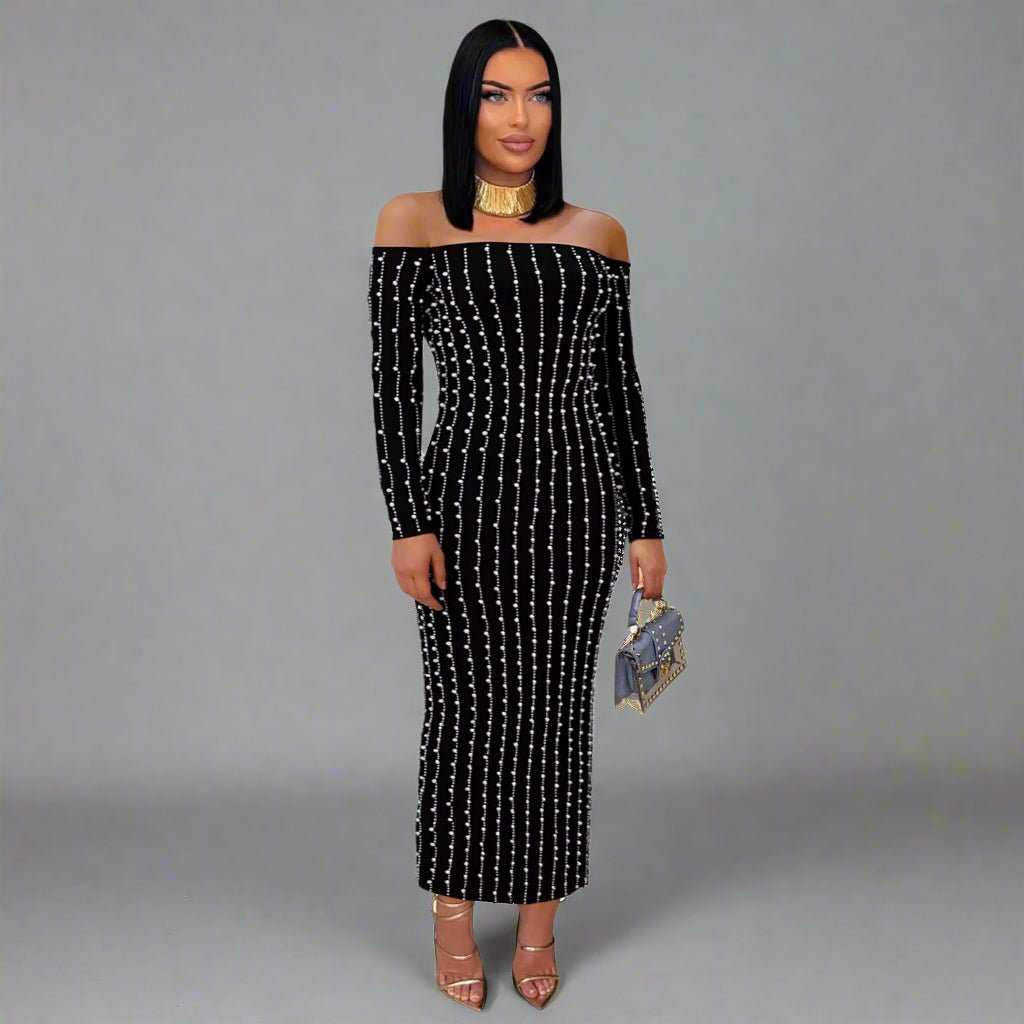 Elegant Pearl - Embellished Off - Shoulder Midi Dress - TayDiane