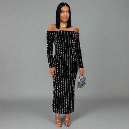 Elegant Pearl - Embellished Off - Shoulder Midi Dress - TayDiane