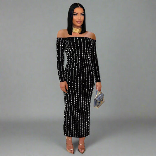 Elegant Pearl - Embellished Off - Shoulder Midi Dress - TayDiane