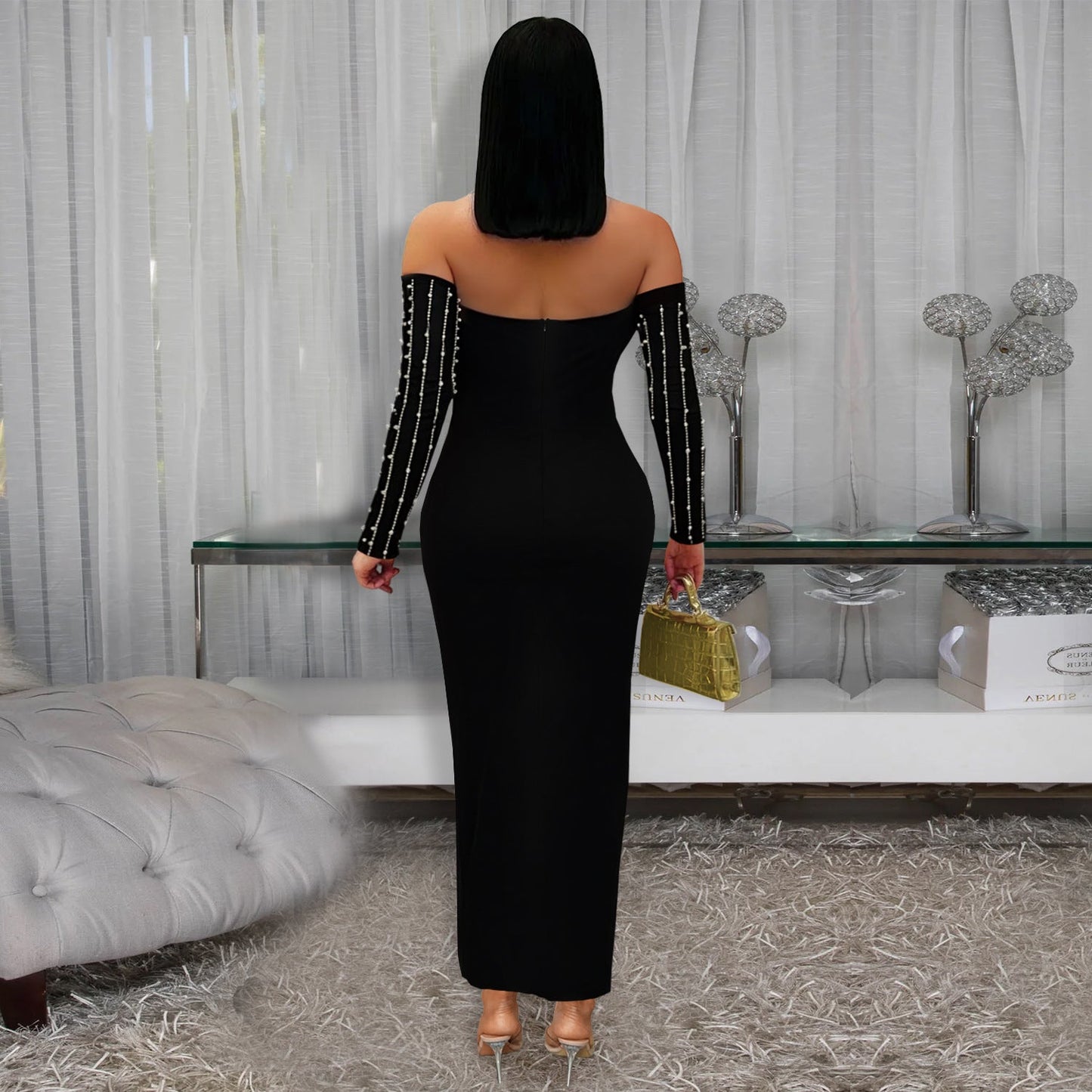 Elegant Pearl - Embellished Off - Shoulder Midi Dress - TayDiane