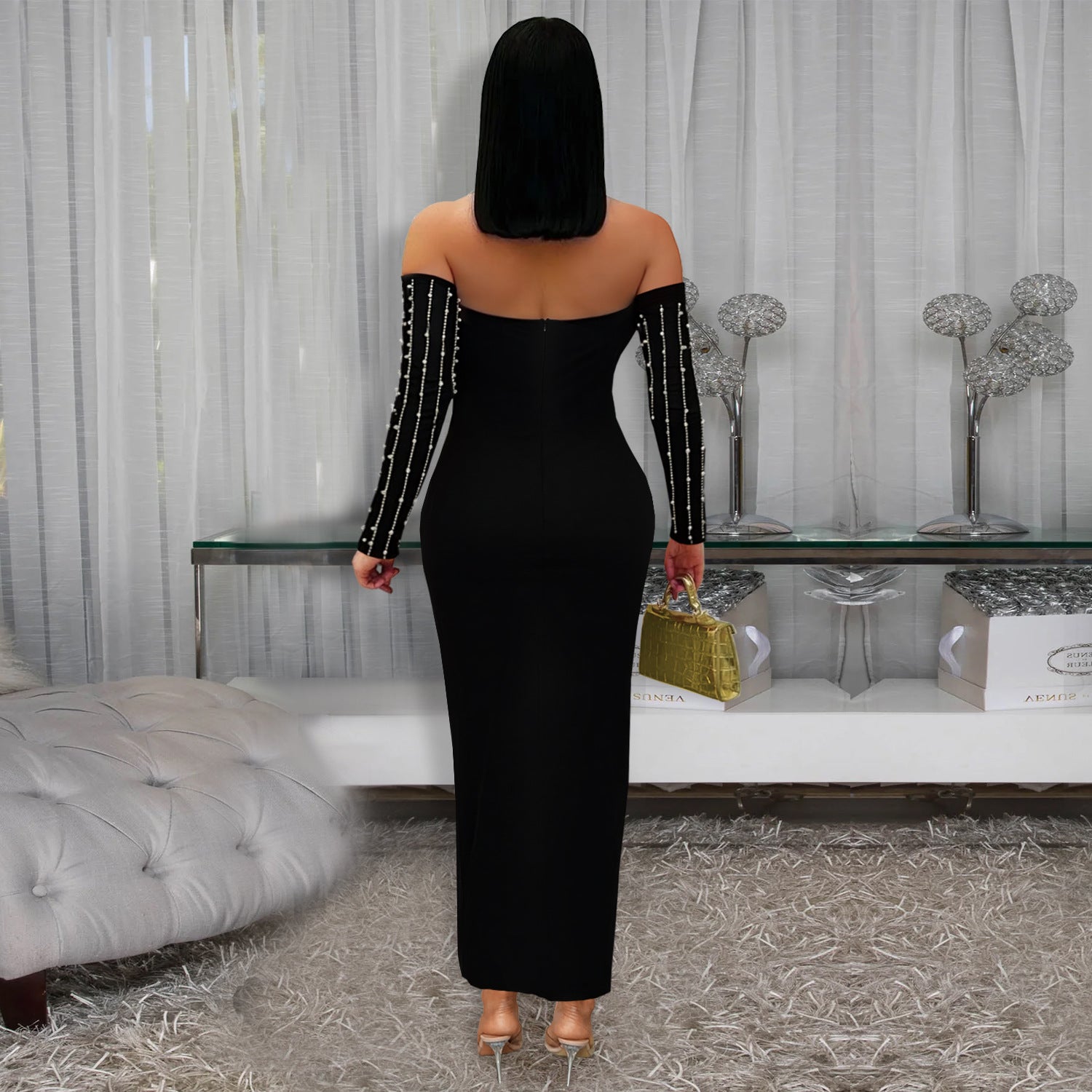 Elegant Pearl - Embellished Off - Shoulder Midi Dress - TayDiane