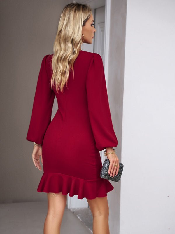 Elegant Puff Sleeve Ruffle Trim Solid Dress - TayDiane