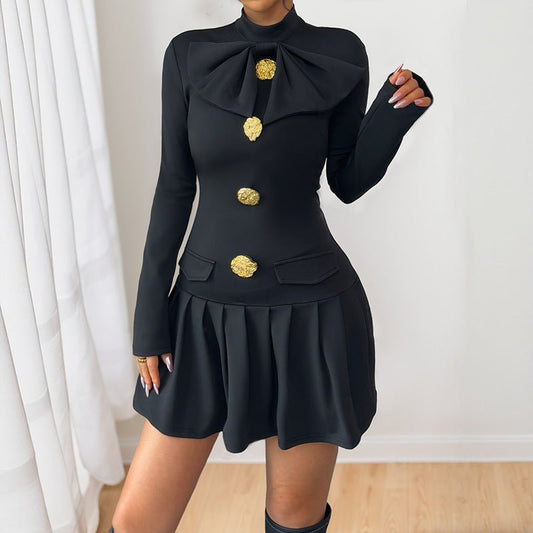 Elegant Sweet Bow Decoration Collar Autumn Dress - TayDiane