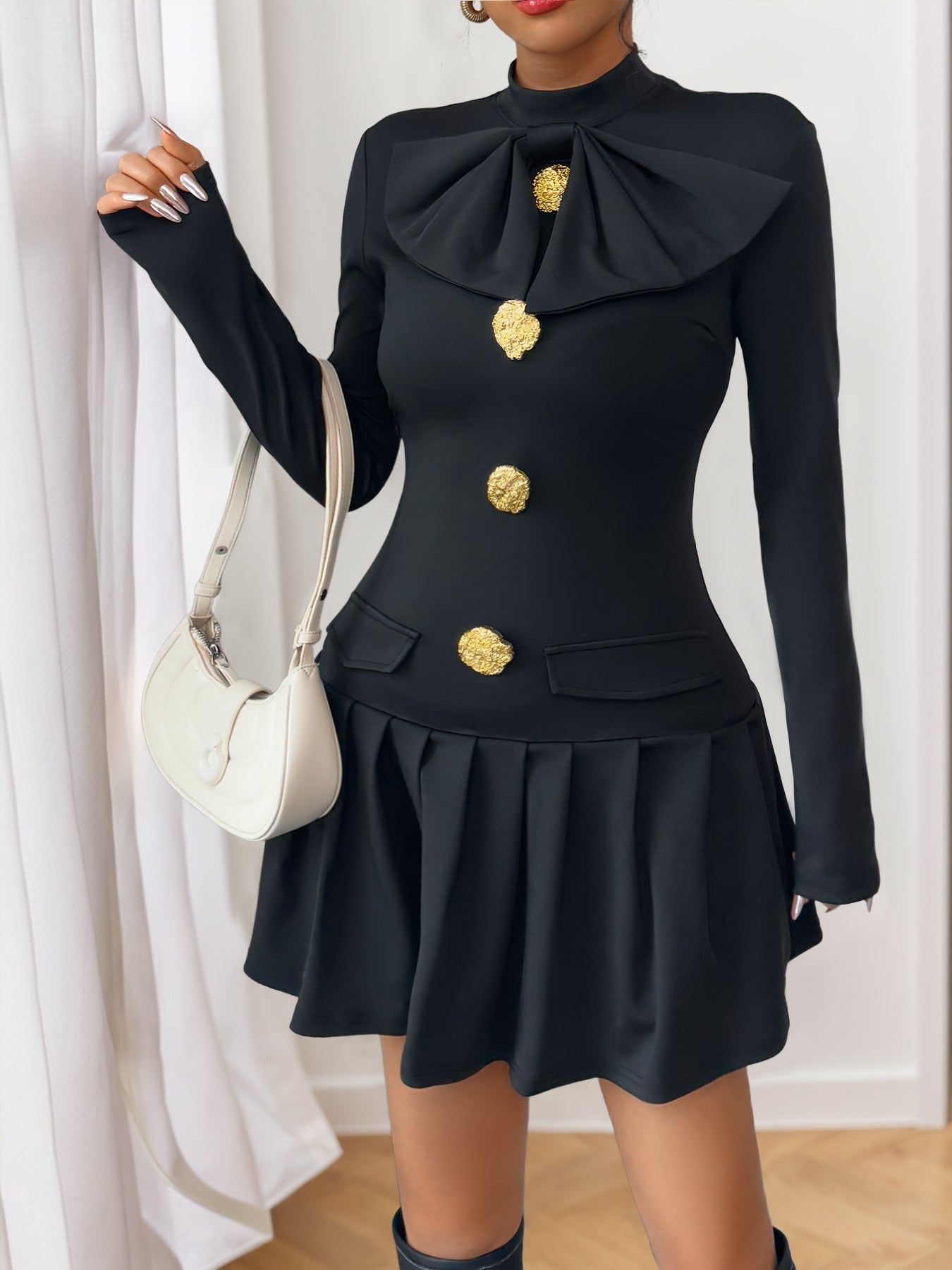 Elegant Sweet Bow Decoration Collar Autumn Dress - TayDiane
