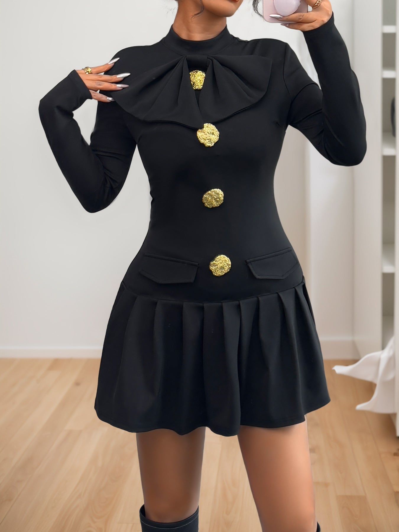 Elegant Sweet Bow Decoration Collar Autumn Dress - TayDiane