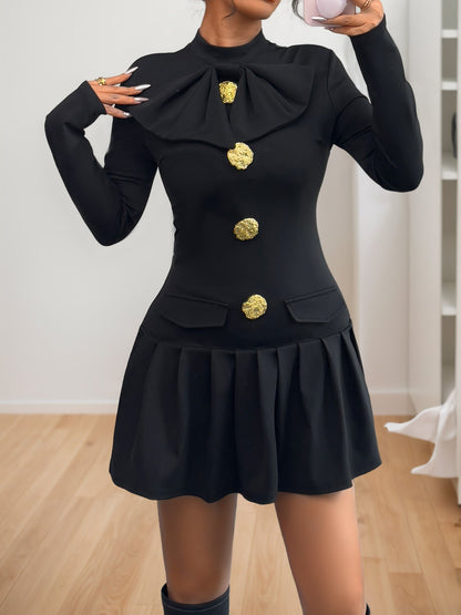Elegant Sweet Bow Decoration Collar Autumn Dress - TayDiane