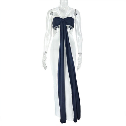 Elegant Tie Black & White Maxi Dress - TayDiane