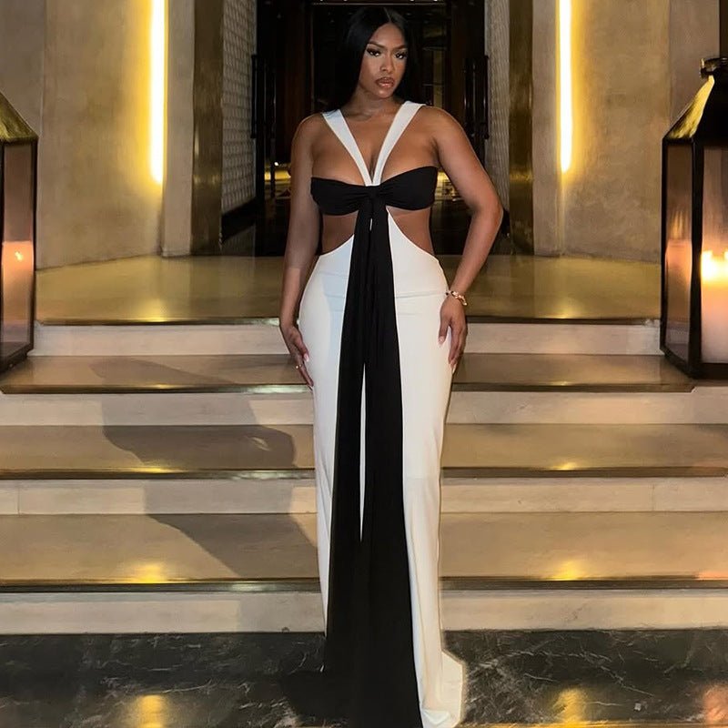 Elegant Tie Black & White Maxi Dress - TayDiane