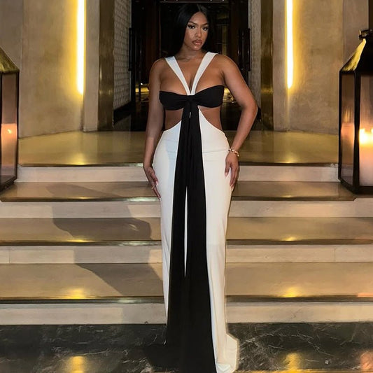 Elegant Tie Black & White Maxi Dress - TayDiane