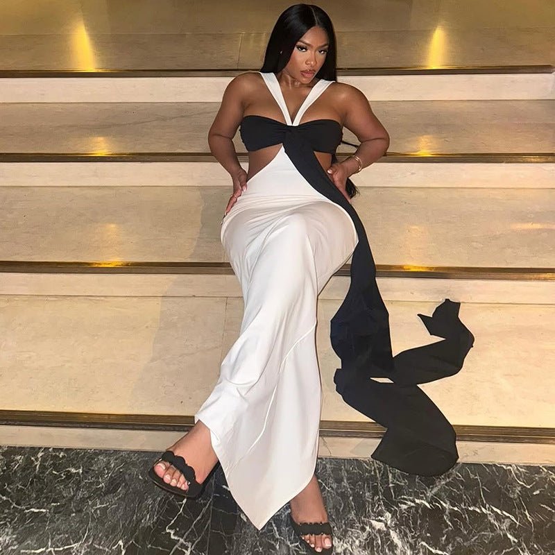 Elegant Tie Black & White Maxi Dress - TayDiane
