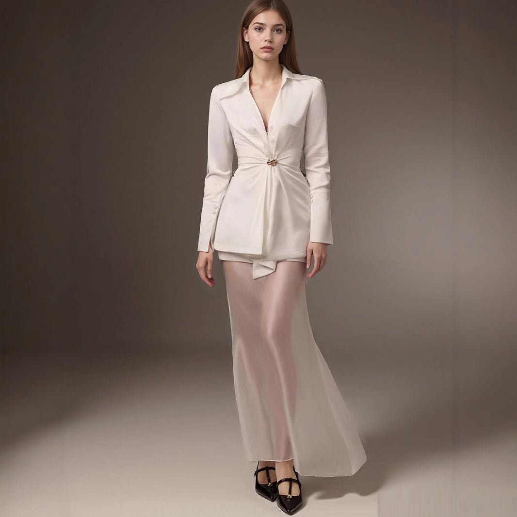 Elegant White Blazer Top with Waist clasp - TayDiane