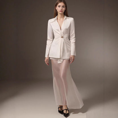 Elegant White Blazer Top with Waist clasp - TayDiane
