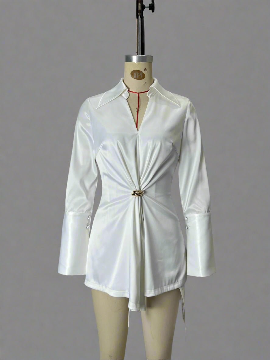 Elegant White Blazer Top with Waist clasp - TayDiane