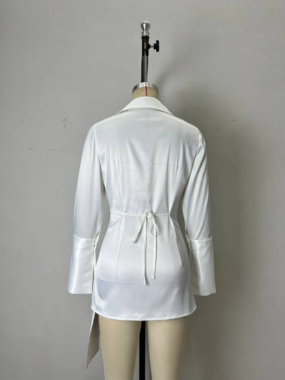 Elegant White Blazer Top with Waist clasp - TayDiane