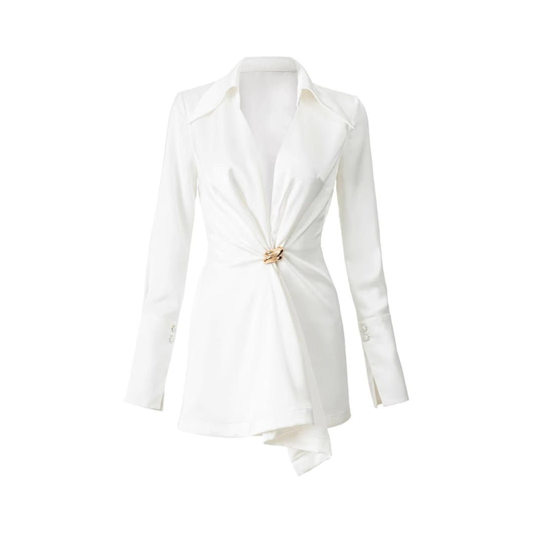 Elegant White Blazer Top with Waist clasp - TayDiane