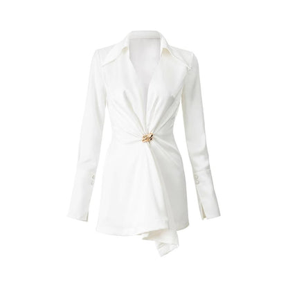 Elegant White Blazer Top with Waist clasp - TayDiane