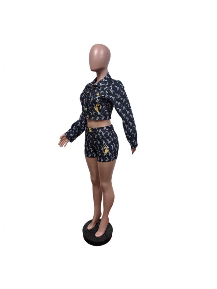 Embroidered Denim Cropped Jacket & Shorts Set - Taydiane