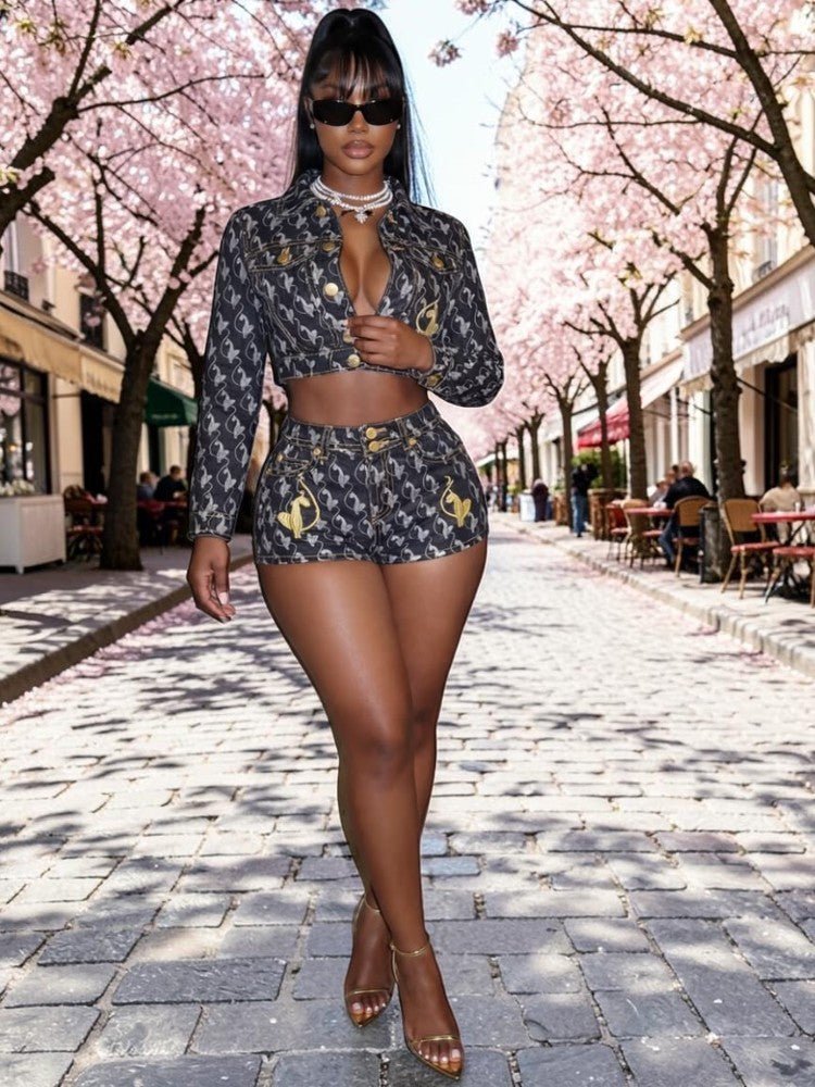 Embroidered Denim Cropped Jacket & Shorts Set - Taydiane